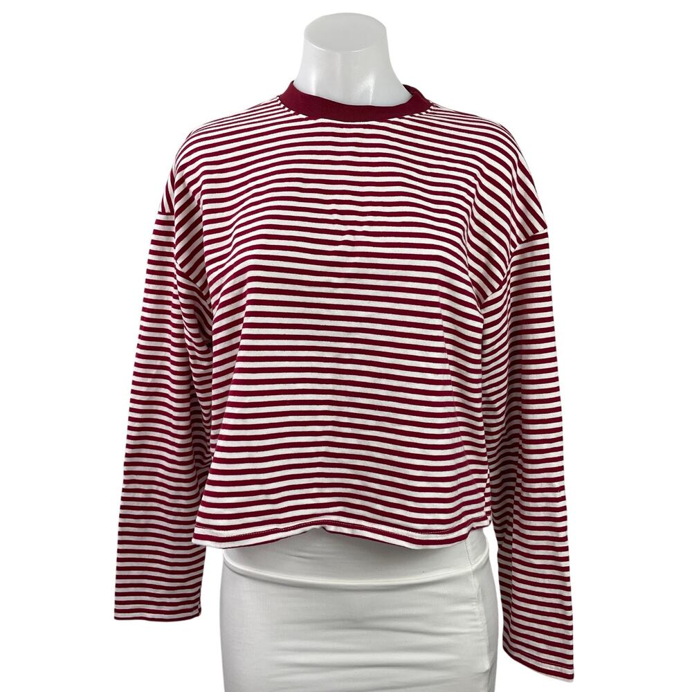 Edikted Women's Red Striped Long Sleeve Crew Neck Boxy T Shirt Tee Top Size S